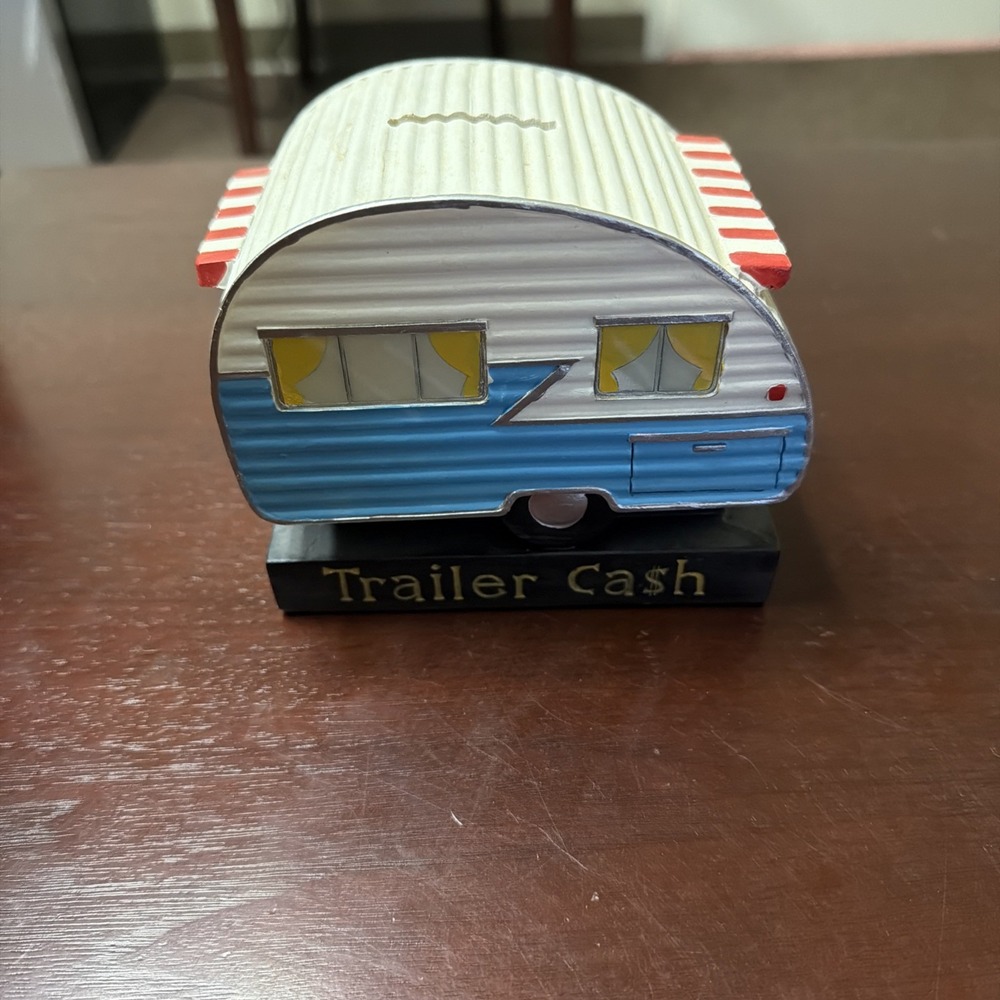 Vtg Ceramic "Trailer Ca$h" Blue and White Black Base RV Piggy Coin Bank